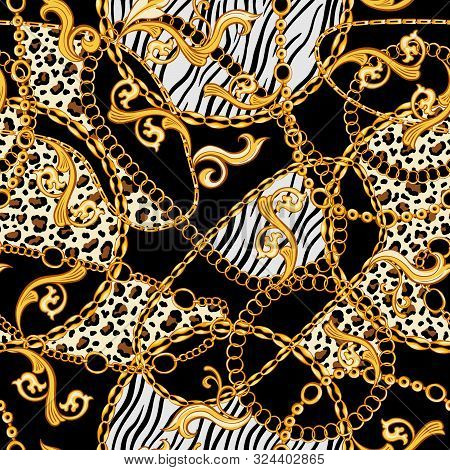 Golden Chains, Baroque Ornaments Mixed With Tiger And Zebra Animals Patterns. Seamless Pattern With 