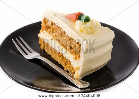 Sweet Carrot Cake Slice On A Plate Isolated On White Background