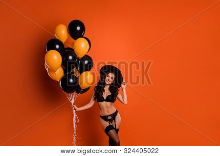 Double Toil And Trouble. Photo Of Beautiful Nude Charming Lady Toothy Smiling Hold Many Bunch Balloo