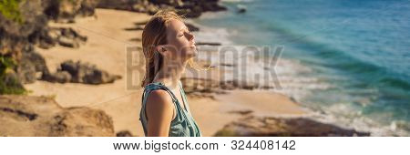 Young Woman Tourist On Pantai Tegal Wangi Beach, Bali Island, Indonesia. Bali Travel Concept Banner,