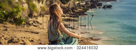 Young Woman Tourist On Pantai Tegal Wangi Beach, Bali Island, Indonesia. Bali Travel Concept Banner,