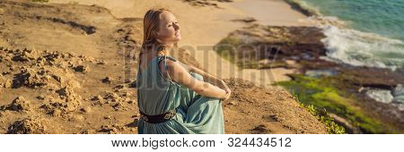 Young Woman Tourist On Pantai Tegal Wangi Beach, Bali Island, Indonesia. Bali Travel Concept Banner,