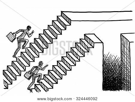 Freehand Pen Drawing Of Two Man Racing Up Two Parallel Flights Of Stairs, One Ending In A Plain Plat