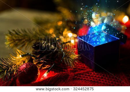 Christmas Gift With Blue Lights Magical For Christmas Theme.