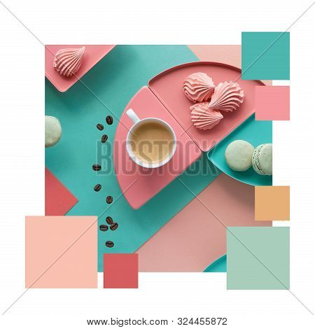 Color Matching Complementary Palette From Geometric Image With Coffee, Marshmallows And Macarons On 