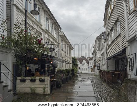 Stavanger, Norway, September 9, 2019 : Street With Traditional White Wooden Houses In Gamle Stavange