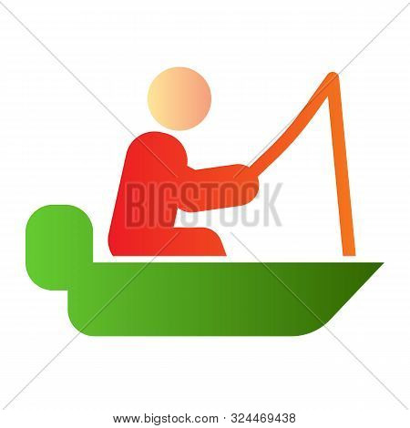 Fisher On Vessel Flat Icon. Man Cath Fish On Fishing Rod Color Icons In Trendy Flat Style. Boat With