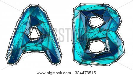 Letter set A, B made of realistic 3d render blue color. Collection of low polly style alphabet isolated on white background