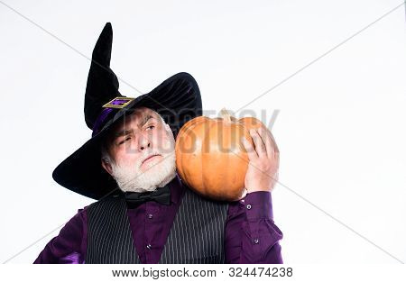 Senior Man White Beard Celebrate Halloween With Pumpkin. Magic Concept. Experienced And Wise. Hallow