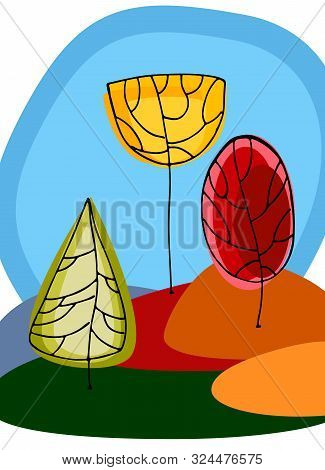 Autumn Seasonal Illustration. Cartoon Landscape With Trees Styled To Look Like Autumn Leaves