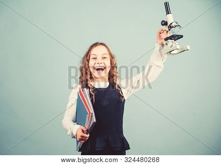 Small Girl Scientist Testing. Back To School. Education And Knowledge. Child Study Bilogy Lesson. Di
