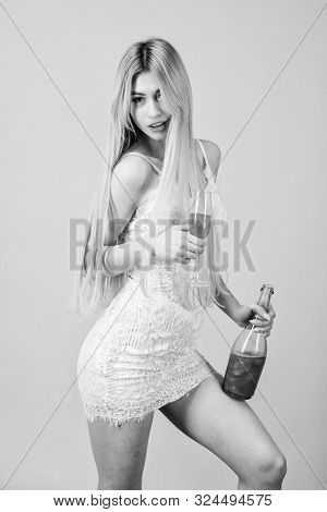 Hen Party Concept. Luxury Champagne. Pretty Blonde Celebrate Birthday Party. Sweet Liquor. Glamorous