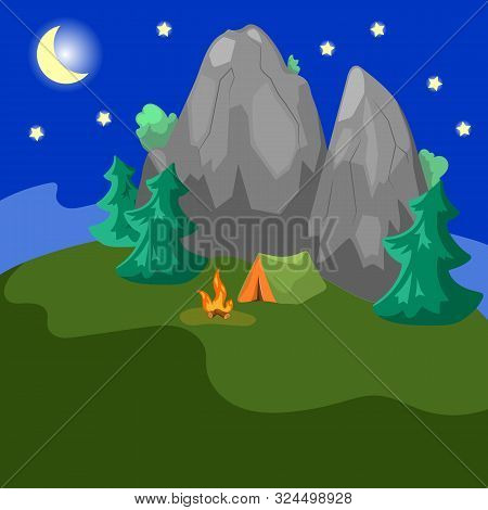 Night Landscape With Mountains, Fir Trees And Tent. Campsite By Night. One Tent On Wild Nature. Camp