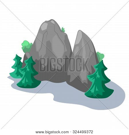 Grey Rock And Fir Trees, Vector Illustration On White Background. Tall Mountains With Firtree. Summe