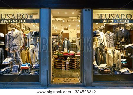 VENICE, ITALY - CIRCA MAY, 2019: storefront of Fusaro shop in Venice.