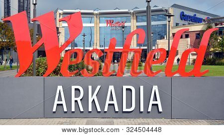 Warsaw, Poland. 27 September 2019. Sign Westfield Arkadia. Company Signboard Westfield Arkadia.