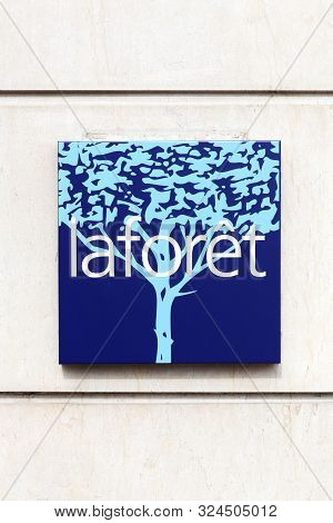 Villefranche, France - September 21, 2019: Laforet logo on a wall. Laforet is a network of agencies in the French real estate sector created in 1991. Laforet is made up of 700 franchised agencies