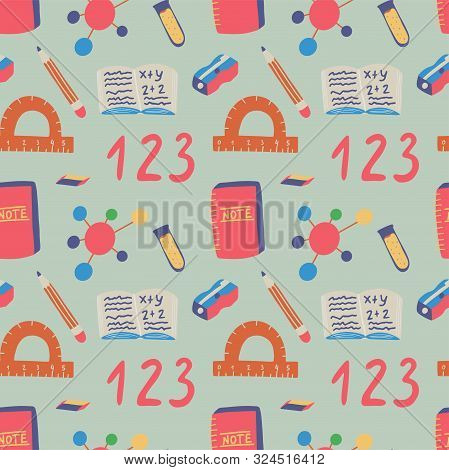 Seamless Pattern Back To School On Grey Background. Notebook, Numbers, Molecule, Chemistry Etc Graph