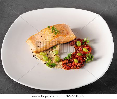 Grilled Salmon With Pepper Hummus With Quinoa