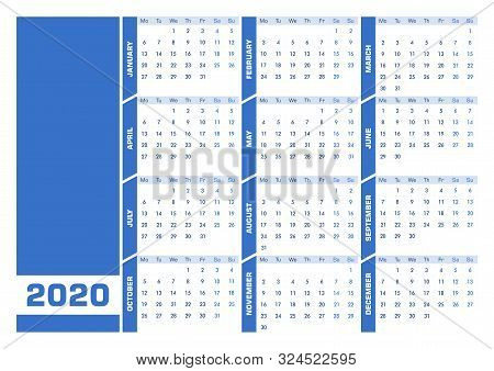 Blue 2020 English Calendar. Printable Landscape Version. Starts On Monday