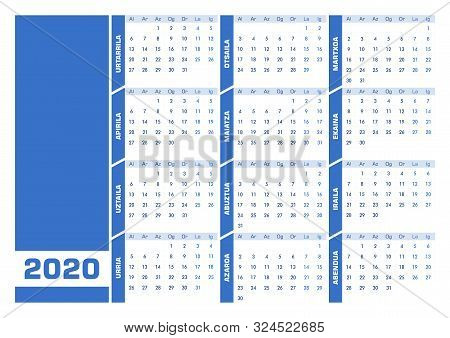 Blue 2020 Basque Calendar. Printable Landscape Version