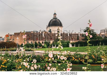 Beautiful Palace Gardens In Lower Belvedere And Salesianer Church In Vienna, Austria. View Of Monast