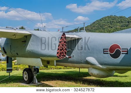 Daejeon, South Korea; September 19, 2019: Rear Side View Of Grumman S-2e Tracker Aircraft On Display