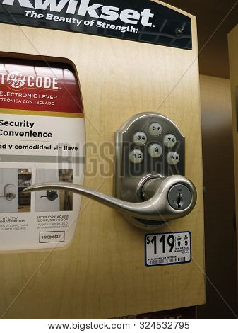 Honolulu -  September 2, 2015: Kwikset Electronic Lock Lever On Display Inside Lowes Store. Kwikset 