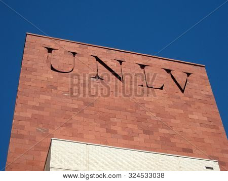 Las Vegas -  September 5, 2011:  Unlv Logo On Side Of Red Brick Building. The University Of Nevada, 