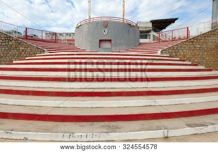 Ajaccio, France - August 28, 2019: Red And White Stairway Of Stadium At Corsica Island