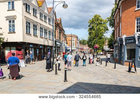 High Wycombe, England - August 20th 2019: View Down Church Street. The Town Is In Buckinghamshire.
