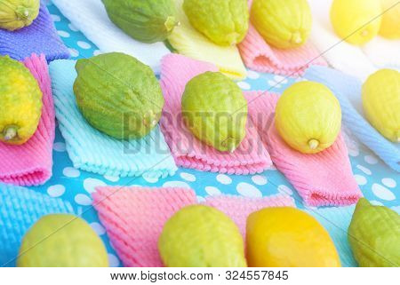 Jewish Festival Of Sukkot. Traditional Market Before The Holiday Of Sukkot.etrog Yellow Citron Tradi