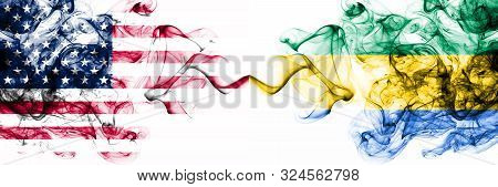 United States Of America Vs Gabon, Gabonese Smoky Mystic Flags Placed Side By Side. Thick Colored Si
