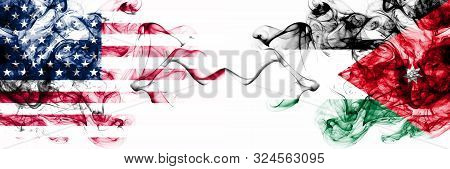 United States Of America Vs Jordan, Jordanian Smoky Mystic Flags Placed Side By Side. Thick Colored 