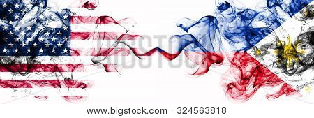 United States Of America Vs Philippines, Filipino Smoky Mystic Flags Placed Side By Side. Thick Colo