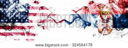 United States Of America Vs Serbia, Serbian Smoky Mystic Flags Placed Side By Side. Thick Colored Si