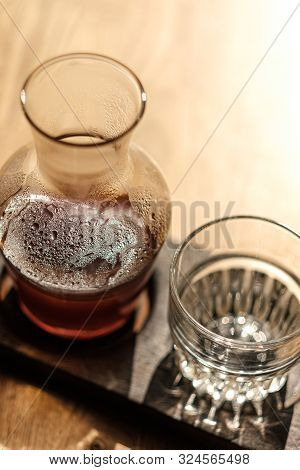 On The Table Is A Jar Of Alternative Coffee And A Glass. Hario V60. Concept Filter Coffee. Top View