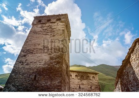 Traditional Ancient Svan Towers In Ushguli Village, Svaneti, Caucasus. Georgia. Travel.
