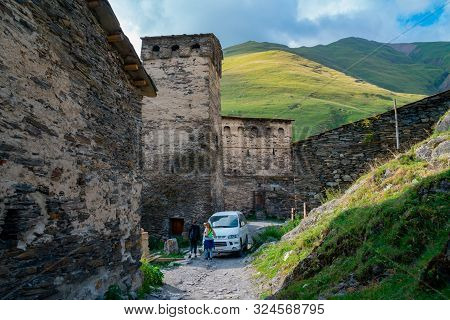 Traditional Ancient Svan Towers In Ushguli Village, Svaneti, Caucasus. Georgia. Travel.