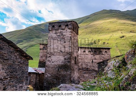 Traditional Ancient Svan Towers In Ushguli Village, Svaneti, Caucasus. Georgia. Travel.