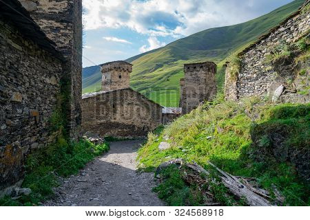 Traditional Ancient Svan Towers In Ushguli Village, Svaneti, Caucasus. Georgia. Travel.
