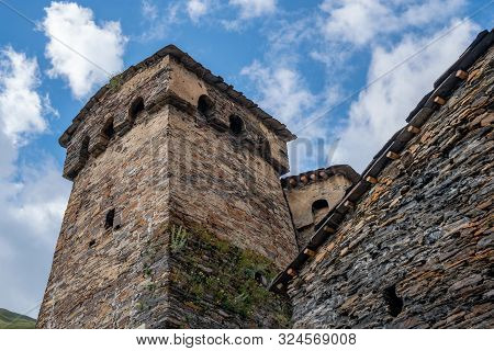 Traditional Ancient Svan Towers In Ushguli Village, Svaneti, Caucasus. Georgia. Travel.