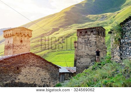 Traditional Ancient Svan Towers In Ushguli Village, Svaneti, Caucasus. Georgia. Travel.