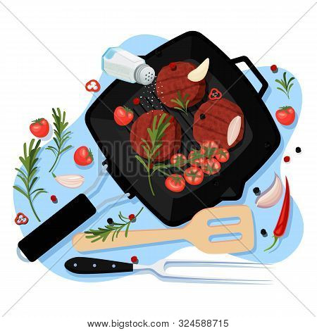 Cooking Cutlets For Burger, Vector Cartoon Top View Illustration. Black Grill Pan With Fried Homemad
