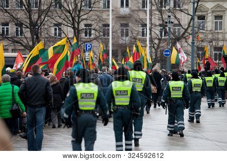 Vilnius, Lithuania - Mar 11: Around 200 Police Officers Ensured Safety During The Nationalist Rally 