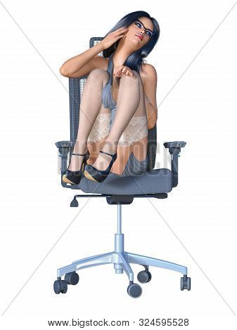 Long-haired Brunette Secretary In White Stocking.