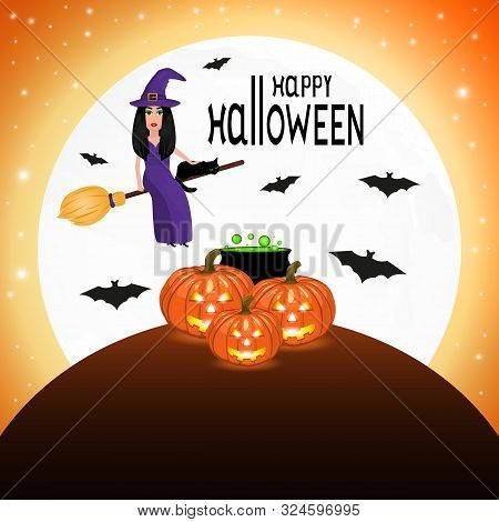 Witch With A Cat On A Broomstick For Halloween Against The Background Of The Moon. Ready-made Potent