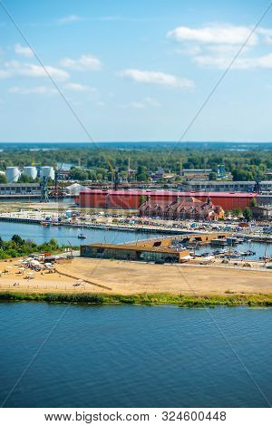 Left Bank Of The Oder River In Szczecin With The Maritime Museum And The Terraces With A Part Of Gro
