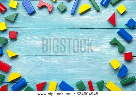 Kids Educational Developing Toys Frame On White Background. Top View. Flat Lay. Copy Space For Text