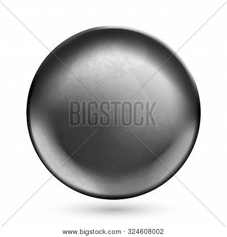 Template Of Round Concave Metal Disk Or Button With Dark Steel Texture Isolated On White Background.